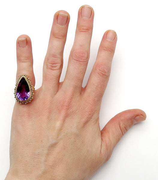 Gorgeous Retro 14k Yellow Gold ~8.75ct Purple Amethyst Teardrop Gemstone Ring