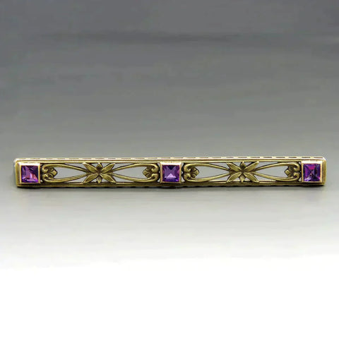 Antique Art Nouveau 14K Yellow Gold Natural Amethyst Gemstone Bar Pin Brooch