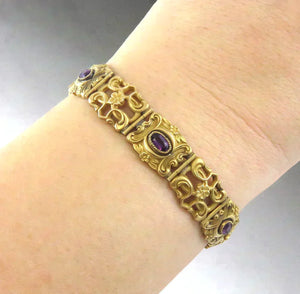 Antique Art Nouveau Yellow Gold Filled 6 Amethyst Gemstone Linked Bracelet