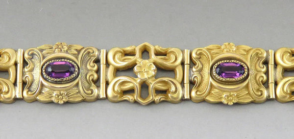 Antique Art Nouveau Yellow Gold Filled 6 Amethyst Gemstone Linked Bracelet