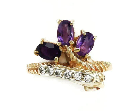 Unique 14K Gold Genuine Diamond & Amethyst Braided Bypass Style Statement Ring