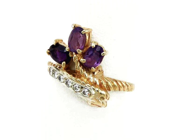 Unique 14K Gold Genuine Diamond & Amethyst Braided Bypass Style Statement Ring