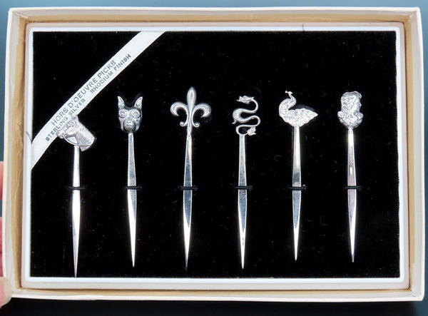 Great Set 6 Sterling Silver Hors D'oeuvres Picks Various Animal Tops 2 7/8"