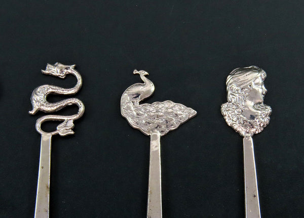 Great Set 6 Sterling Silver Hors D'oeuvres Picks Various Animal Tops 2 7/8"