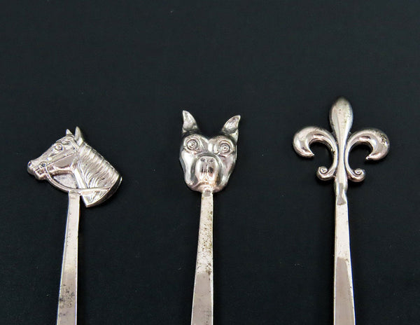 Great Set 6 Sterling Silver Hors D'oeuvres Picks Various Animal Tops 2 7/8"