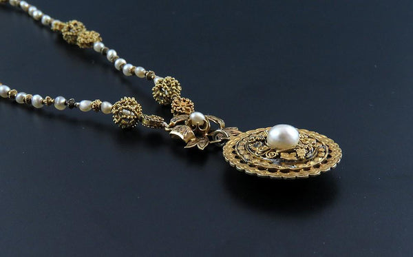 Antique Spanish Colonial Philippines 14k Gold Pearl Tamborin Relikaryo Necklace