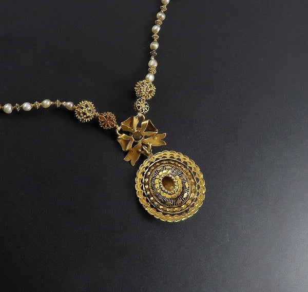 Antique Spanish Colonial Philippines 14k Gold Pearl Tamborin Relikaryo Necklace