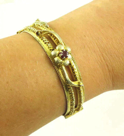 Antique c1920 Hand Made Indian Gilded Silver Ruby Bracelet 6 1/2 inches