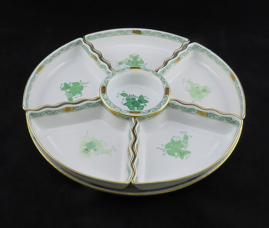 Herend Chinese Bouquet Green Handpainted Bone China Porcelain Hors D'Oeuvre Dish