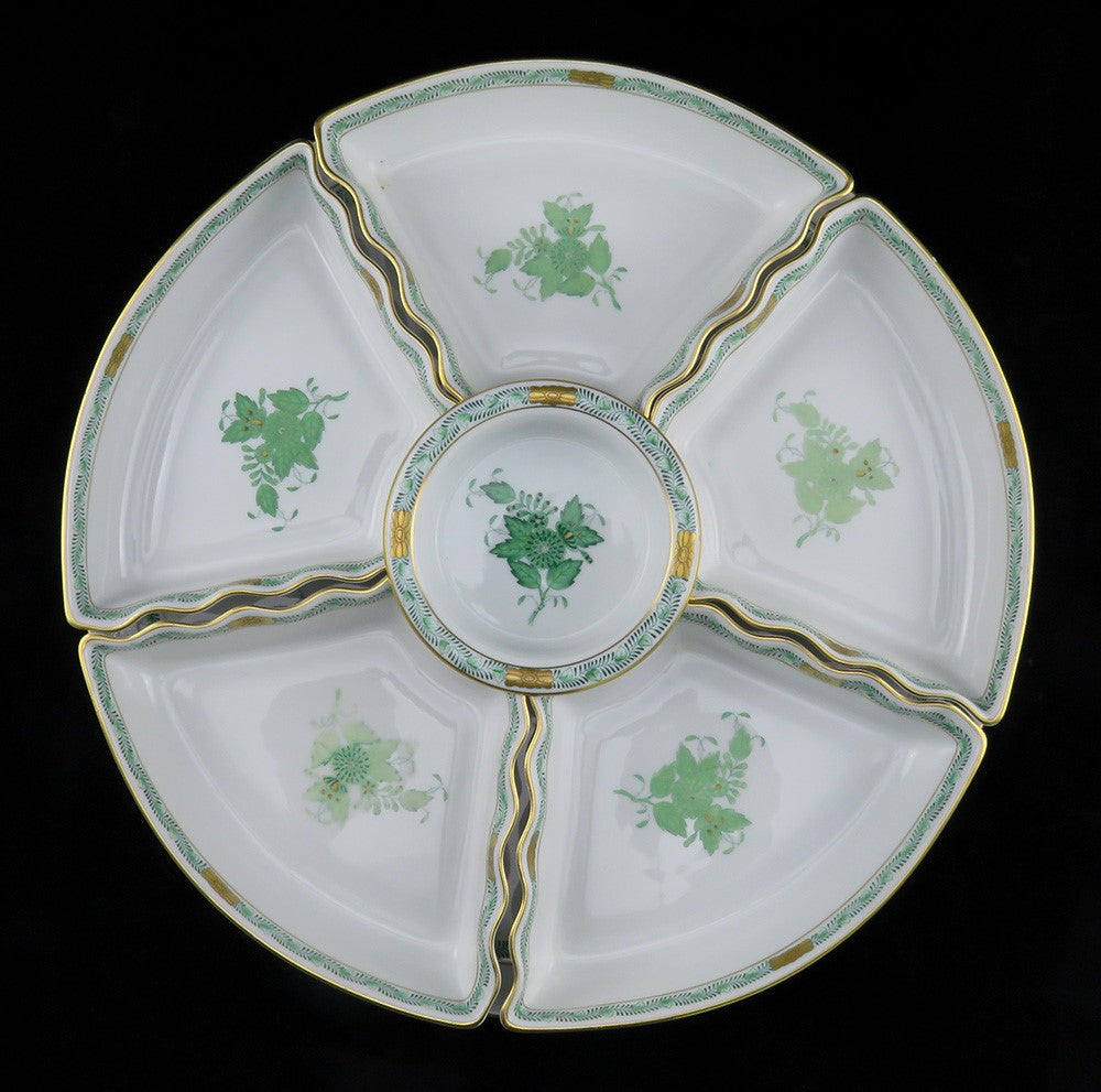 Herend Chinese Bouquet Green Handpainted Bone China Porcelain Hors D'Oeuvre Dish