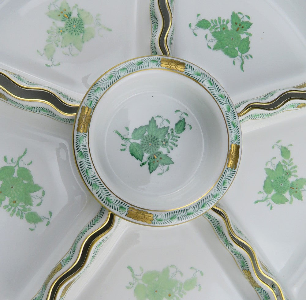 Herend Chinese Bouquet Green Handpainted Bone China Porcelain Hors D'Oeuvre Dish
