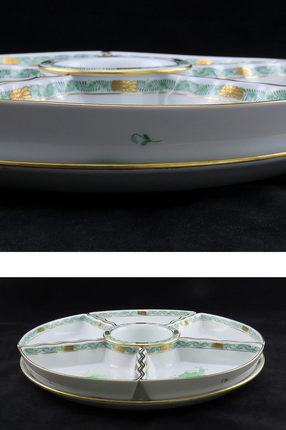 Herend Chinese Bouquet Green Handpainted Bone China Porcelain Hors D'Oeuvre Dish