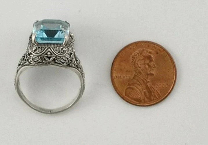 Sterling Silver and Genuine Blue Topaz Filigree Ring Size 6 3/4