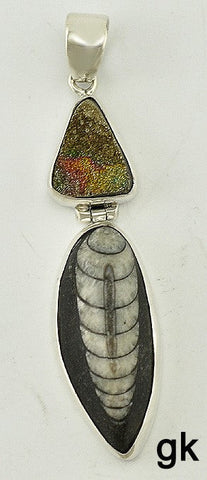 Wonderful Sterling Silver Genuine Diorite and Geode Stone Pendant Fossil