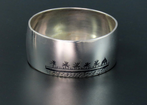 Charming Middle Eastern Silver Napkin Ring Engraved "Art" Enamel Painted Scenes