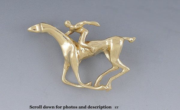 Modern 14k Gold Racehorse w Jockey Horse Racing Equestrian Pin/Brooch