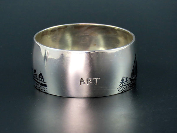 Charming Middle Eastern Silver Napkin Ring Engraved "Art" Enamel Painted Scenes