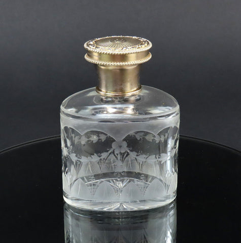 c1926 English Sterling Silver Gilt Cut Frosted Glass Dresser Perfume Bottle 3/4