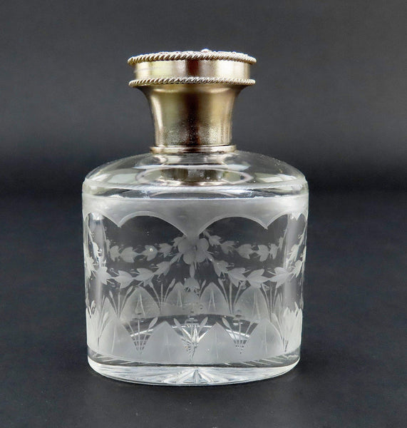 c1926 English Sterling Silver Gilt Cut Frosted Glass Dresser Perfume Bottle 3/4