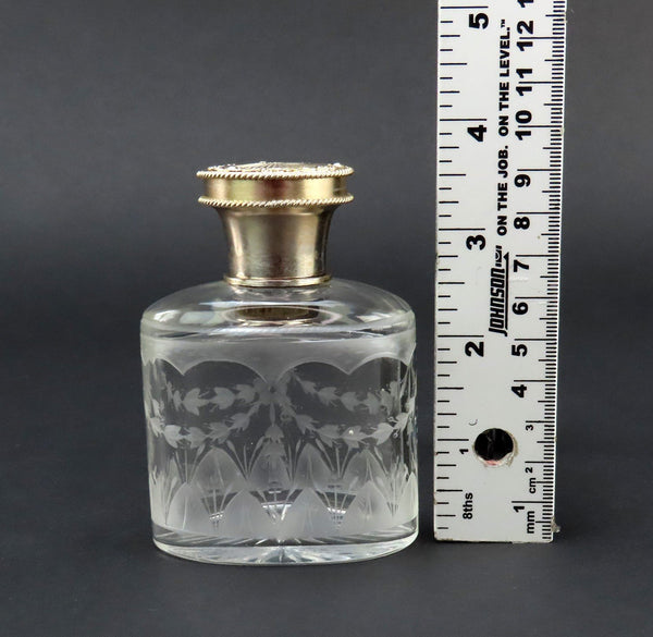 c1926 English Sterling Silver Gilt Cut Frosted Glass Dresser Perfume Bottle 3/4