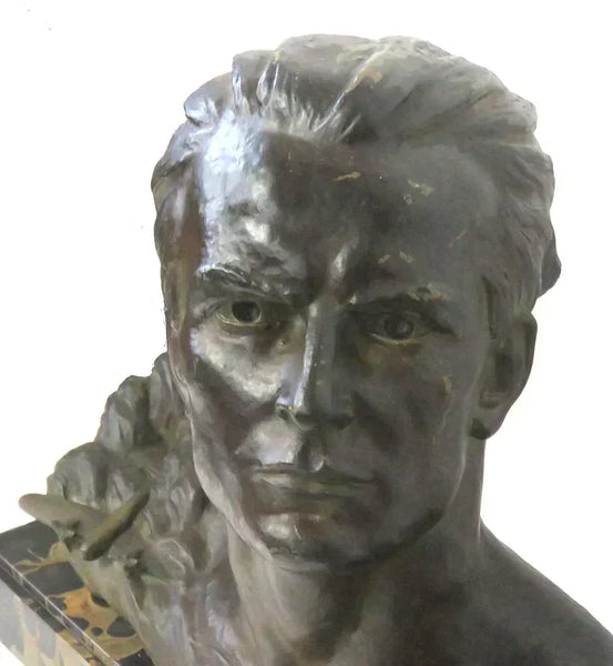 Impressive French Bronze Bust of Jean Mermoz Aviator on Marble Base A. Ouline