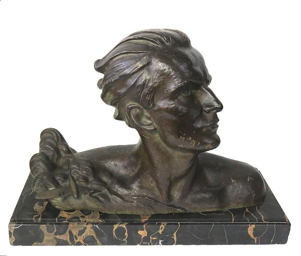 Impressive French Bronze Bust of Jean Mermoz Aviator on Marble Base A. Ouline