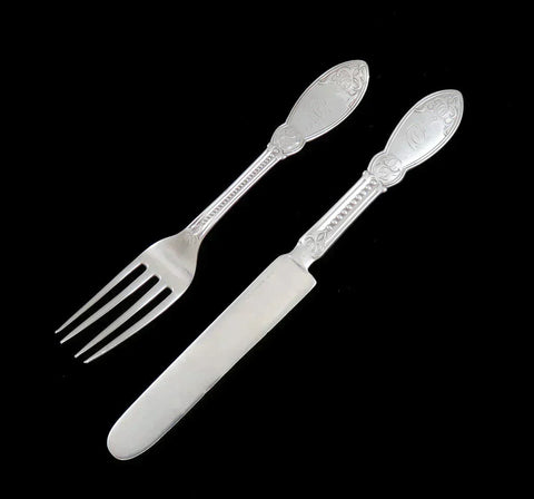 Antique Coin Silver John Polhemus Oriental Youth Child Fork Knife Flatware Set