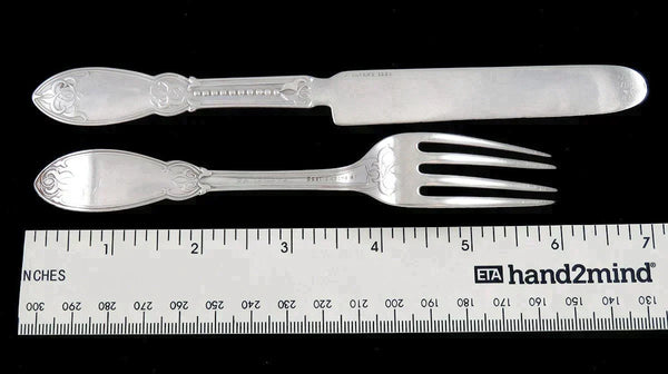 Antique Coin Silver John Polhemus Oriental Youth Child Fork Knife Flatware Set