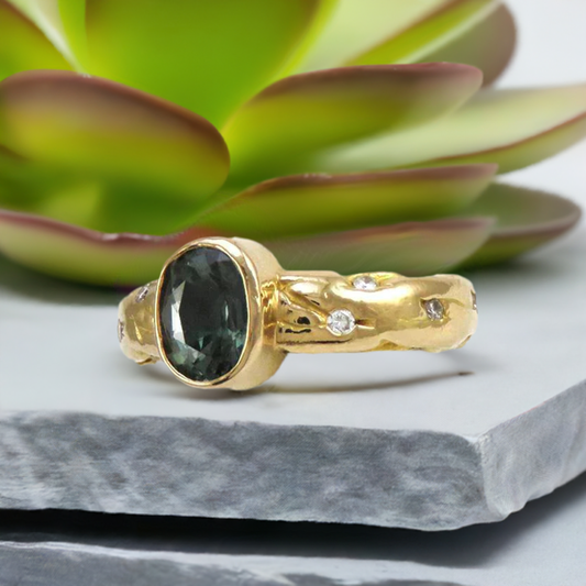 18K Yellow Gold Natural Blue Zircon Gemstone & Diamond Custom Made Ring