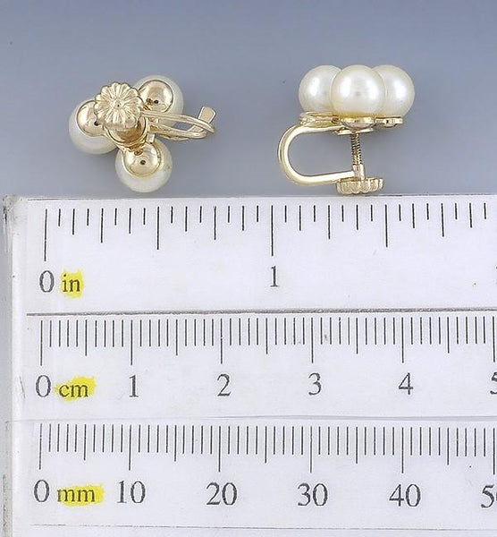 Retro 14k Yellow Gold & Triple Pearl Clover Stud Earrings Screw Back