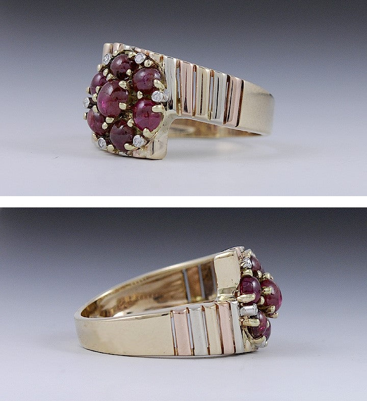 Stunning 14k Rose White & Yellow Gold Cabochon Ruby Diamond Ring Size 8