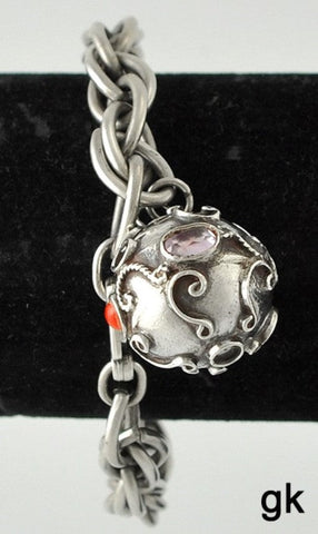 Sterling Silver Bracelet w/Ball Charm Genuine Amethyst and Coral Stones
