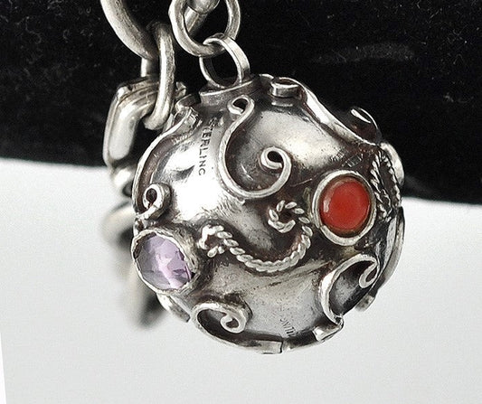 Sterling Silver Bracelet w/Ball Charm Genuine Amethyst and Coral Stones
