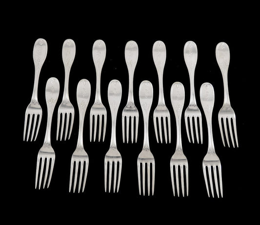 13 Antique American Coin Silver c1850 Olive Pattern Heavy Forks 6 1/2" S MONO