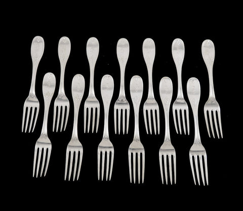 13 Antique American Coin Silver c1850 Olive Pattern Heavy Forks 6 1/2" S MONO