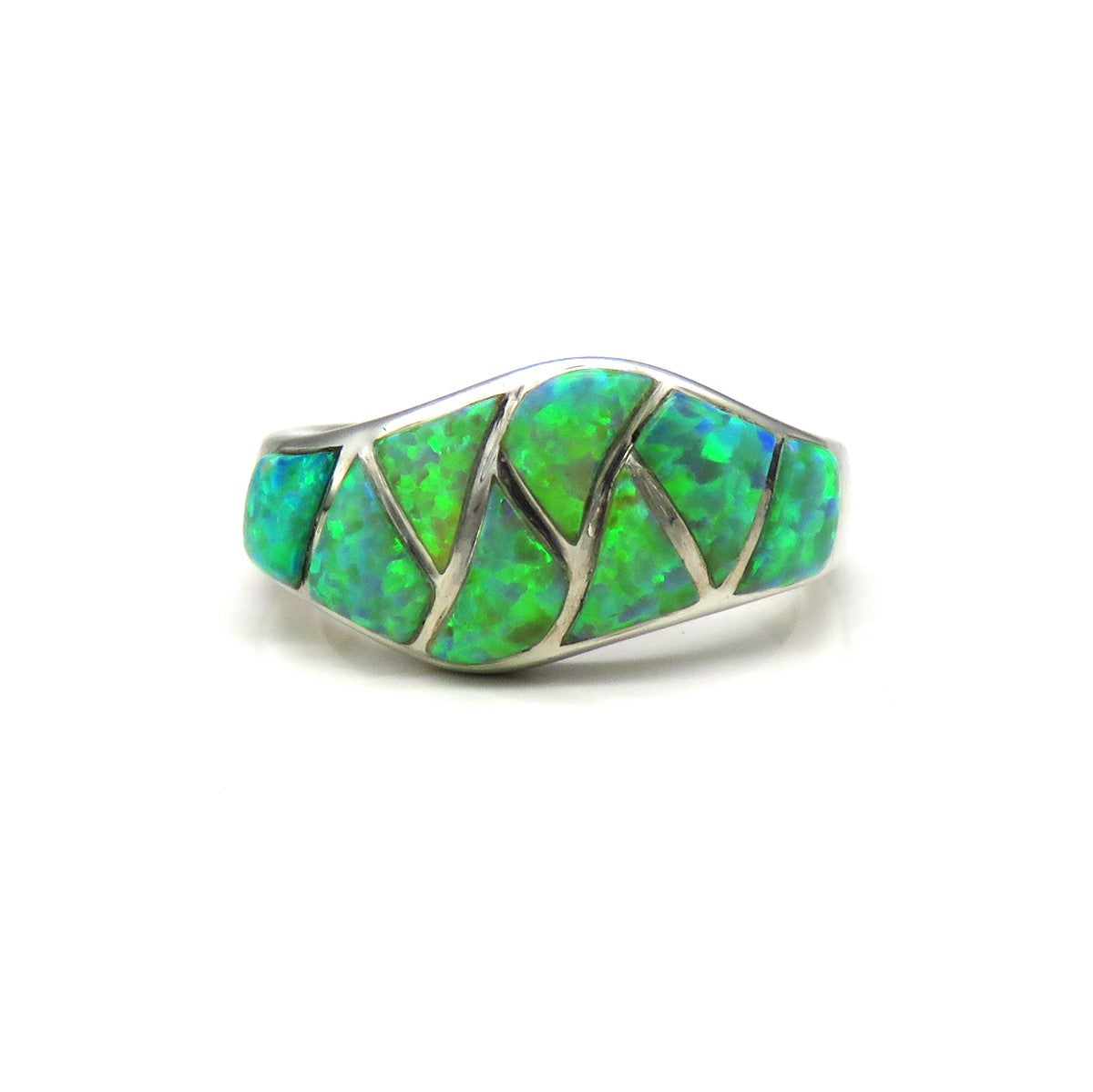 Handcrafted Sterling Silver Green/Blue Opal Stone Band Ring Size 6