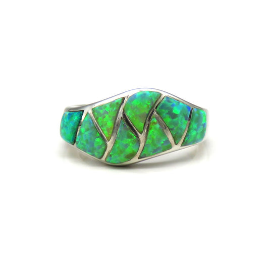 Handcrafted Sterling Silver Green/Blue Opal Stone Band Ring Size 6