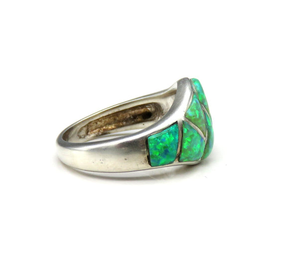 Handcrafted Sterling Silver Green/Blue Opal Stone Band Ring Size 6