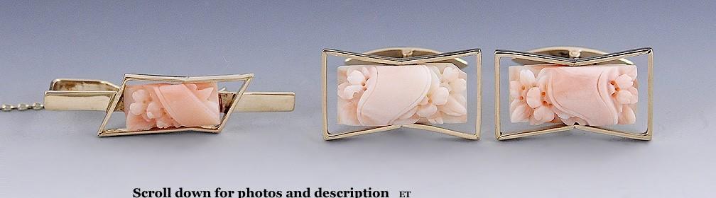 Lovely Chinese Carved Coral 14 Karat Gold Cufflinks & Tie Clip Set