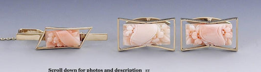 Lovely Chinese Carved Coral 14 Karat Gold Cufflinks & Tie Clip Set
