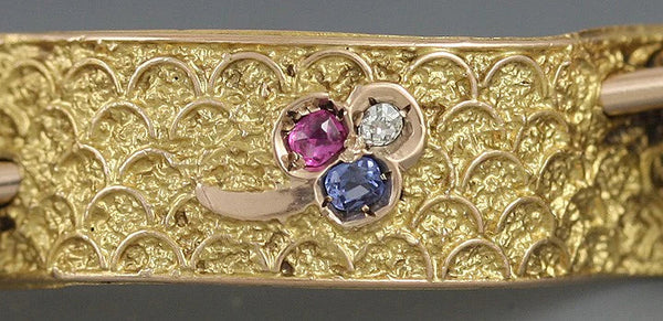 Victorian 14K Gold Ruby Sapphire Diamond Clover Pin