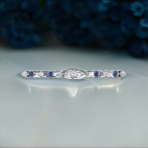 c1920s Elegant 10k White Gold Sapphire & Diamond Filigree Bar Pin Brooch