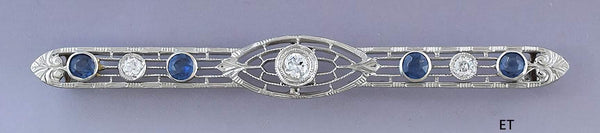 c1920s Elegant 10k White Gold Sapphire & Diamond Filigree Bar Pin Brooch