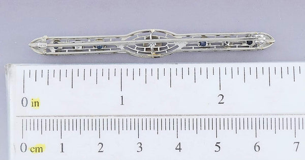 c1920s Elegant 10k White Gold Sapphire & Diamond Filigree Bar Pin Brooch