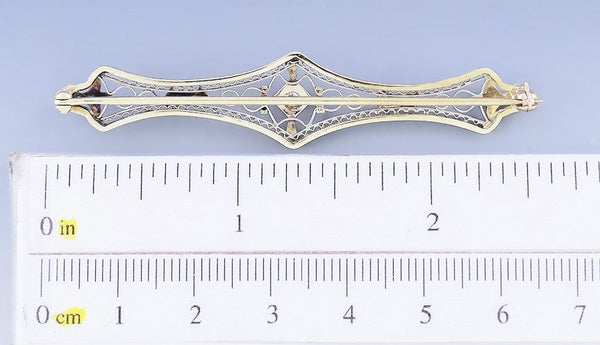 c1900-1915 Charming 14k Gold Platinum & Diamond Bar Pin / Brooch