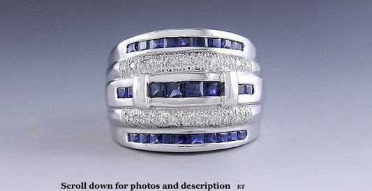 Gorgeous 14k White Gold Diamond Blue Sapphire Channel Set Ring Size 7
