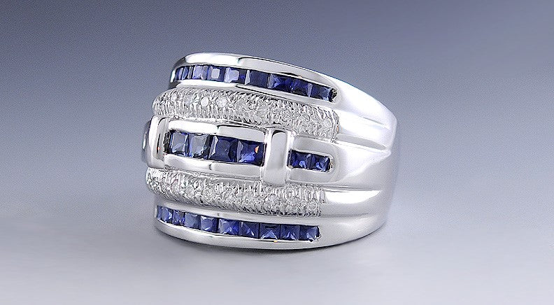 Gorgeous 14k White Gold Diamond Blue Sapphire Channel Set Ring Size 7