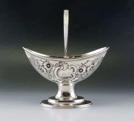 Antique c1850 Early Tiffany Co Coin Silver Hand Chased Floral Basket