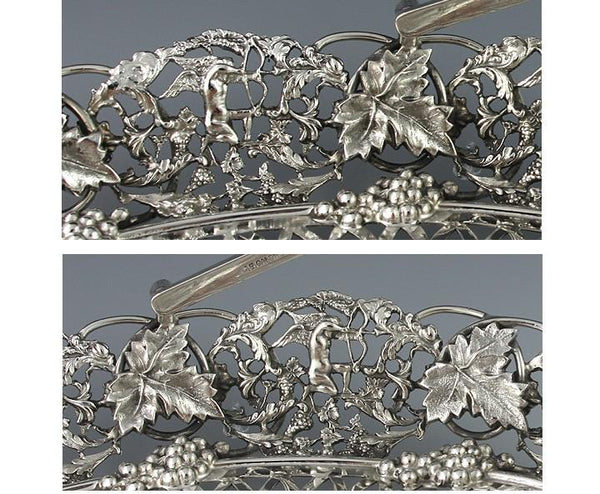 Antique Art Nouveau American Sterling Silver Cupid Grape Swing Handle Basket