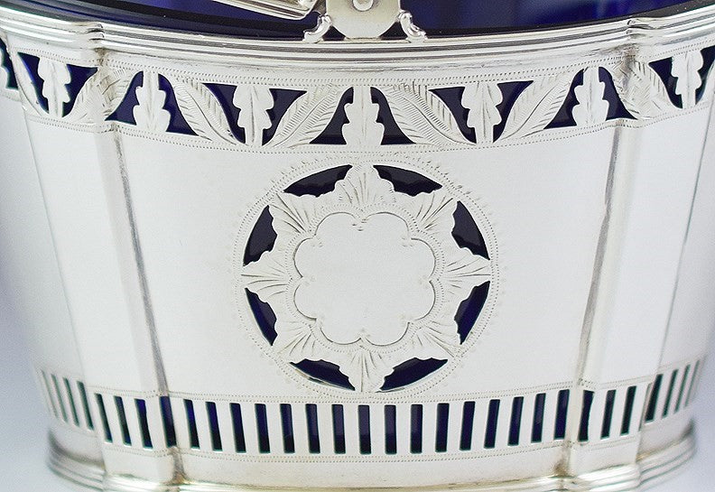 Classical Durgin Sterling Silver English Style Sugar Basket w Cobalt Glass Liner